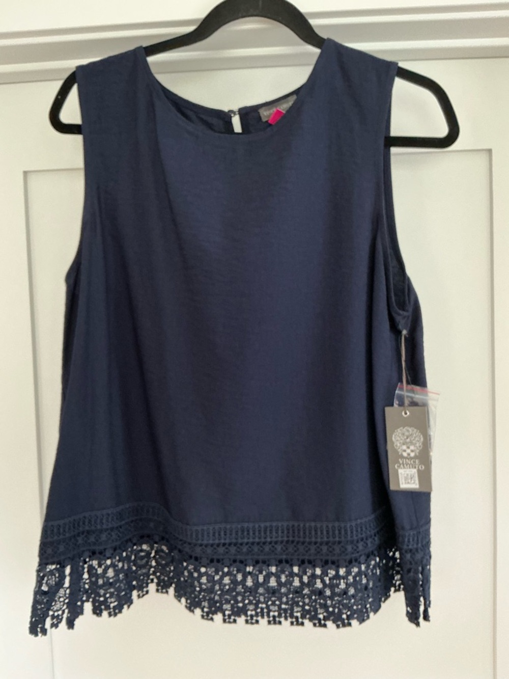 NWT Vince Camuto Navy Crochet-Hem Sleeveless Top